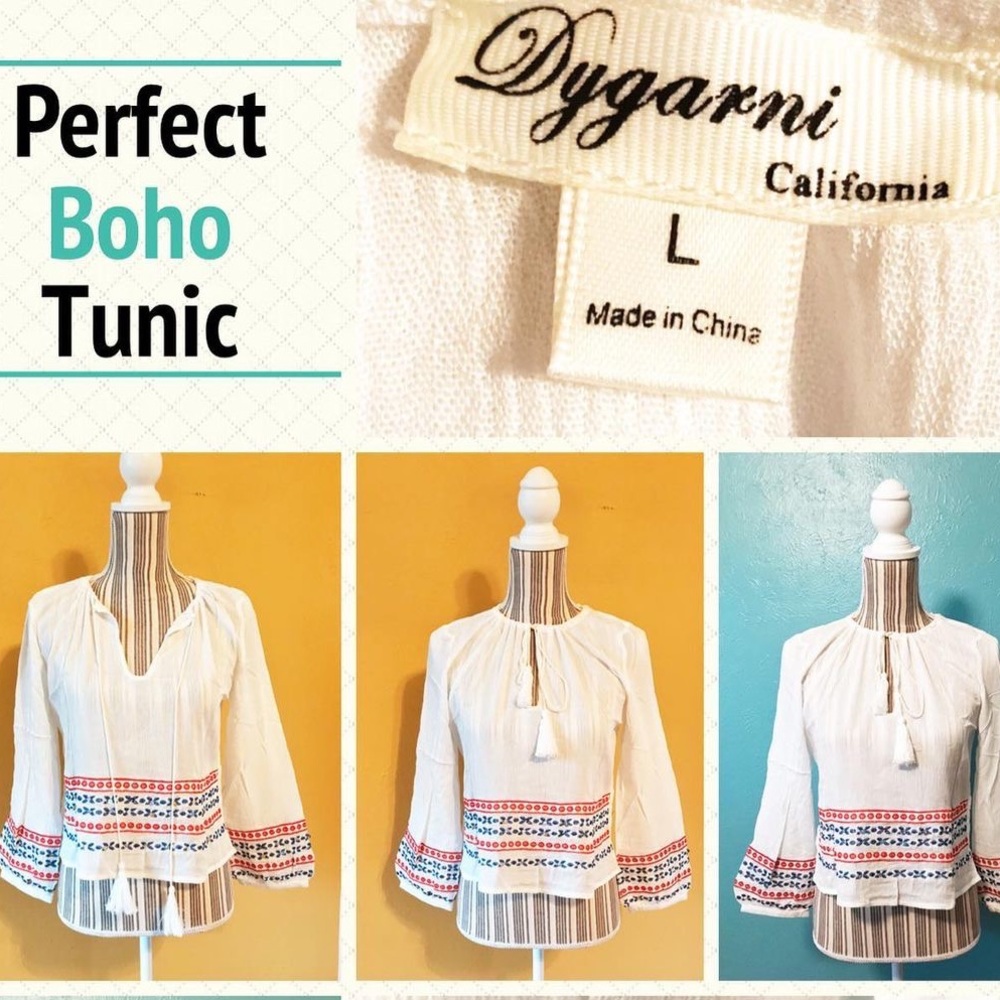 Boho Peasant Top Embroidery Sequins Puff Sleeve Tassels White Red Blue S M L - Picture 3 of 14